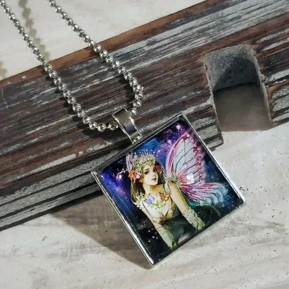 Handcrafted Faery Square Glass Cabochon Pendant Necklace - Picture 1 of 4